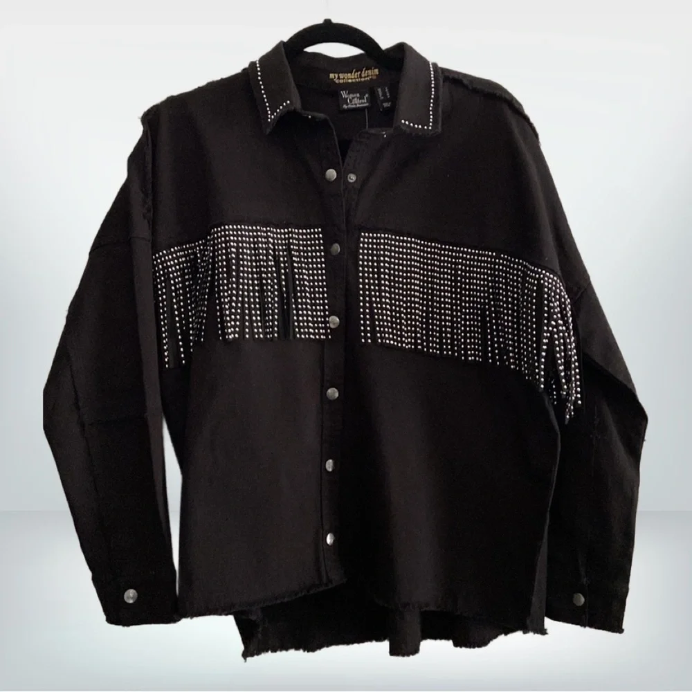 Women With Control My Wonder Denim Fringe Jacket Black Small